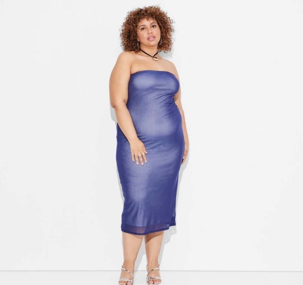 Wild Fable Women's Coastal Beachy Strapless Blue Mesh Midi Tube Dress Sz L